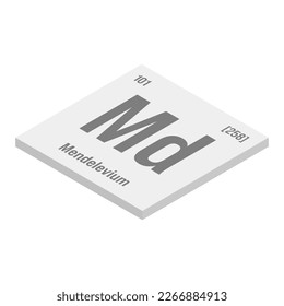 Mendelevium, Md, gray 3D isometric illustration of periodic table element with name, symbol, atomic number and weight. Synthetic radioactive element with potential uses in scientific research and