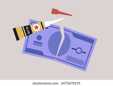 Mending Broken Finances, A cartoon illustration depicting a tube of glue and a torn dollar bill, symbolizing the need to Repair Economic Woes