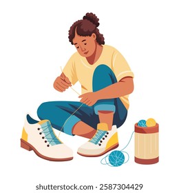 Mending shoes illustration of a character in flat style 