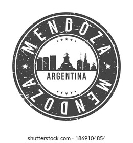 Mendoza, Departamento de Capital, Provincia de Mendoza, Estampado de Línea Aérea Argentina. Diseño de la ciudad del icono de marca postal redonda. Tarjeta de viaje Vector Landmark.