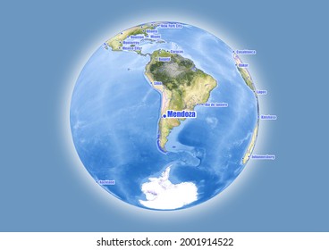 Mendoza-Argentina is shown on vector globe map. The map shows Mendoza-Argentina 's location in the world.
