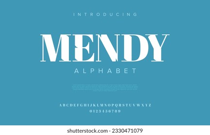 Mendy abstract digital technology logo font alphabet. Minimal modern urban fonts for logo, brand etc. Typography typeface uppercase lowercase and number. vector illustration