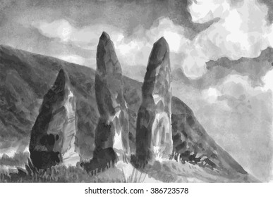 Menhir, Neolithic, watercolor illustration, vectorization. Megalithic structures, vector.