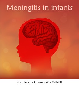 Meningitis in infants. Vector medical illustration. Kid, baby, childhood. Blurred orange background, red silhouette of child head, anatomy image of brain