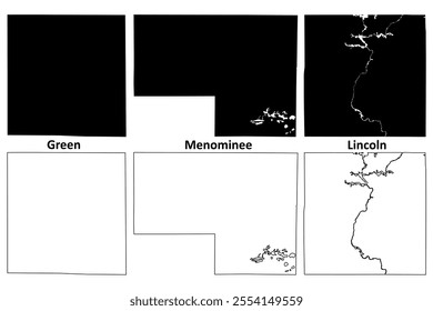 Menominee, Green and Lincoln County, State of Wisconsin (U.S. county, United States of America, US) map vector illustration, scribble sketch map