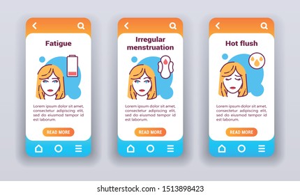Menopausal symptoms on mobile app onboarding screens. Line icons face young woman blonde with element, fatigue, irregular menstruation, hot flush. Banners for website and mobile kit. 