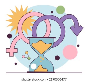 Concepto de menopausia y andropausia. Reloj biológico que mide el tiempo de actividad sexual. Síndrome climático y cambios relacionados con la edad masculina. Ilustración vectorial plana