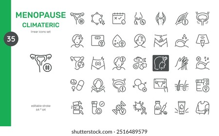 Menopause und Climacteric Icon Set. Liniensymbole der Symptome der Menopause, hormonelle Veränderungen, Knochengesundheit und Behandlungsoptionen. Beinhaltet Hitzewallungen, Gewichtszunahme, Ergänzungen und Hormontherapie.