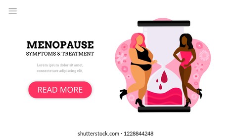 Menopause. Climacteric. Women's health. Menstrual periods. Landing page template. Modern flat concept with two womens, hourglass and flowers.