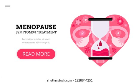 Menopause. Climacteric. Women's health. Menstrual periods. Landing page template. Modern flat concept with uterus, hourglass and flowers.