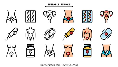 Iconos de color de la menopausia. Accidente editorial. Mujer Enfermedad. Fertilidad femenina. Señales planas vectoriales para gráficos web. Conjunto de iconos de esquema de menopausia. Ciclo de edad.