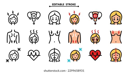 Menopause color icons. Woman Sickness. Female fertility. Editable stroke. Vector signs for web graphics. Menopause symptoms flat icons set. Age cycle.