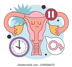 Menopause Concept. Female Reproductive Organ With A Pause Sign. End Of A Woman's Menstrual Cycle Due To Lack Of Sex Hormones. Flat Vector Illustration