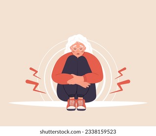 Concepto de menopausia. Triste anciana con problemas femeninos. Dolor abdominal. Ilustración vectorial al estilo de las caricaturas planas.