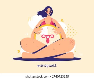 Menopause concept. Woman holds clock with female genital organs silhouette. Sign menopause.  Modern flat style illustration