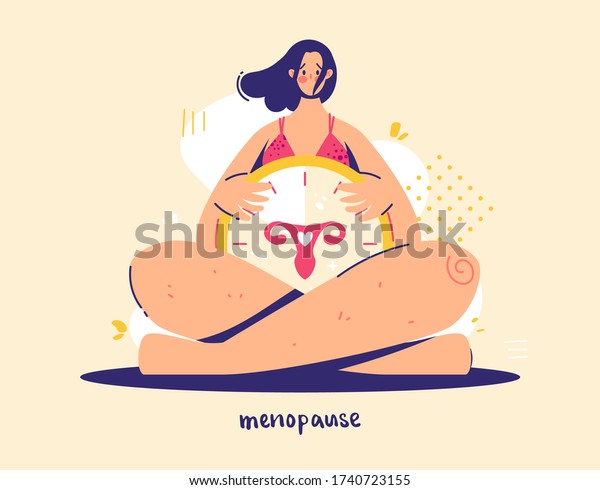 Menopause\
concept. Woman holds clock with female genital organs silhouette.\
Sign menopause.  Modern flat style\
illustration