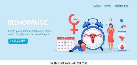 Menopause and gynecology, hormone replacement therapy. Women climacteric. Woman with menopause symptoms, including hot flushes, anxiety, low mood, headache. Character standing at her biological clock