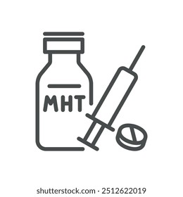 Icono de la terapia hormonal de la menopausia. Ilustración de línea simple de un frasco de medicamento con etiqueta de MHT, jeringa y tableta, que representa el tratamiento hormonal para los síntomas de la menopausia.