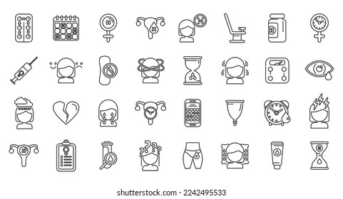 Menopause-Symbole setzen Umrissvektor. Weibliche Fruchtbarkeit. Alterszyklus