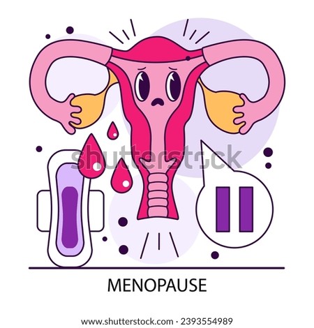 Menopause. Ovum character charting hormonal shifts. Female reproductive organ, uterus with a pause sign. End of a woman's menstrual cycle. Reproductive health. Flat vector illustration.