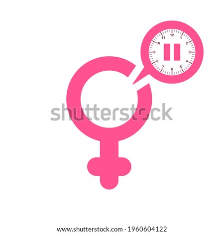 Menopause Pink Icon with Clock. Symbol of Menopause Period. Female Gender Icon with Menstrual Pause and Clock. Flat Icon Style. Vector illustration.