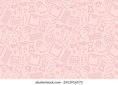 menopause symptoms concept seamless pattern; time passing, sleep problems, weight gain, irregular periods, heart problems, HRT, sweating, hot flashes- vector illustration