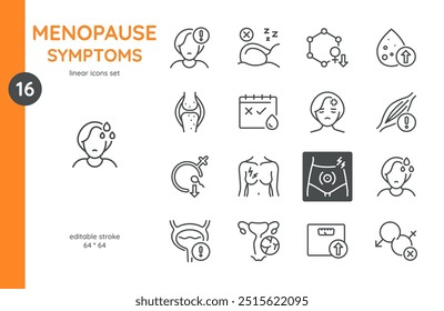 Menopause Symptoms Icons Set. Linear icons illustrating common symptoms of menopause such as hot flashes, mood swings, irregular periods, insomnia, weight gain, and joint pain. 