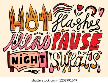 Menopause symptoms landscape poster. Creative hand drawn lettering. Beautiful typography in doodle style useful for banner, card, print, poster and T-shirt design. Editable vector illustration