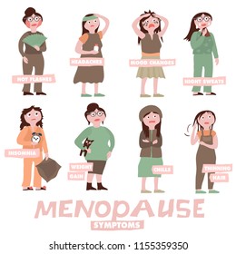 Menopause symptoms and physical changes. Vector illustration with woman characters on a white background. Scientific, educational and popular-scientific concept. Women health icons set.