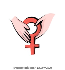 Menopause vector icon. Editable illustration with women hands and a venus symbol in pink and black colors isolated on a white background. Medical, healthcare and feminine concept.