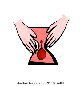 Menopause vector icon. Editable illustration with women hands and an hourglass in pink, red and black colors isolated on a white background. Medical, healthcare and feminine concept.