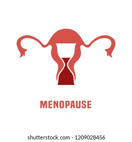 Menopause vector icon with uterus and sand clock image. Editable illustration in pink and red colors isolated on a white background. Medical, healthcare and feminine concept.