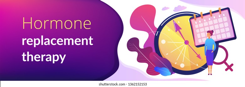 Menopause woman standing at her biological clock measuring age and calendar. Menopause, women climacteric, hormone replacement therapy concept. Header or footer banner template with copy space.