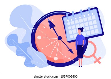 Menopause woman standing at her biological clock measuring age and calendar. Menopause, women climacteric, hormone replacement therapy concept. Pinkish coral bluevector vector isolated illustration