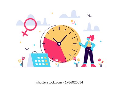 Menopause woman standing at her biological clock measuring age and calendar. Menopause, women climacteric, hormone replacement therapy concept. Bright vibrant violet vector isolated illustration