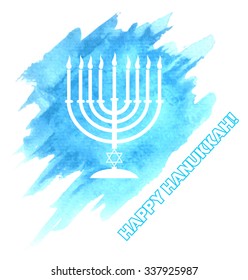 Menora or menorah with burning candles usually used at Hanukkah celebrations on watercolor sky background.