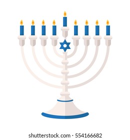 Menorah 9 candle candelabrum vector illustration. Holiday of Hanukkah element. Jewish symbol for celebration of Chanukah or Festival of Lights. Feast of Dedication lamp icon or festivity item.