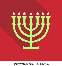 Menorah 9 candle candelabrum vector illustration. Holiday of Hanukkah element. Jewish symbol for celebration of Chanukah or Festival of Lights. Feast of Dedication lamp icon or festivity item.