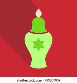 Menorah 9 candle candelabrum vector illustration. Holiday of Hanukkah element. Jewish symbol for celebration of Chanukah or Festival of Lights. Feast of Dedication lamp icon or festivity item.