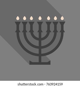 Menorah 9 candle candelabrum vector illustration. Holiday of Hanukkah element. Jewish symbol for celebration of Chanukah or Festival of Lights. Feast of Dedication lamp icon or festivity item.