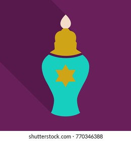 Menorah 9 candle candelabrum vector illustration. Holiday of Hanukkah element. Jewish symbol for celebration of Chanukah or Festival of Lights. Feast of Dedication lamp icon or festivity item.