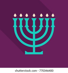 Menorah 9 candle candelabrum vector illustration. Holiday of Hanukkah element. Jewish symbol for celebration of Chanukah or Festival of Lights. Feast of Dedication lamp icon or festivity item.