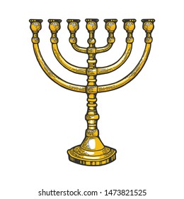 Menorah ancient Hebrew  religion symbol color sketch engraving vector illustration. Scratch board style imitation. Hand drawn image.