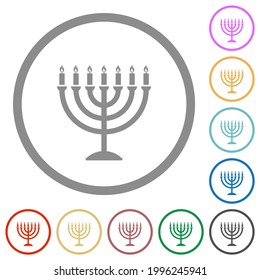 Menorah with burning candles flat color icons in round outlines on white background