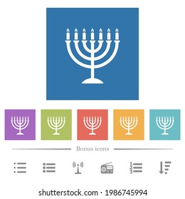 Menorah with burning candles flat white icons in square backgrounds. 6 bonus icons included.