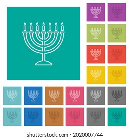 Menorah with burning candles multi colored flat icons on plain square backgrounds. Included white and darker icon variations for hover or active effects.