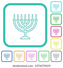 Menorah with burning candles outline vivid colored flat icons in curved borders on white background