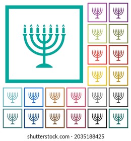 Menorah with burning candles solid flat color icons with quadrant frames on white background