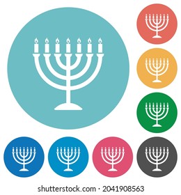Menorah with burning candles solid flat white icons on round color backgrounds