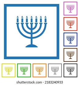 Menorah with burning candles solid flat color icons in square frames on white background